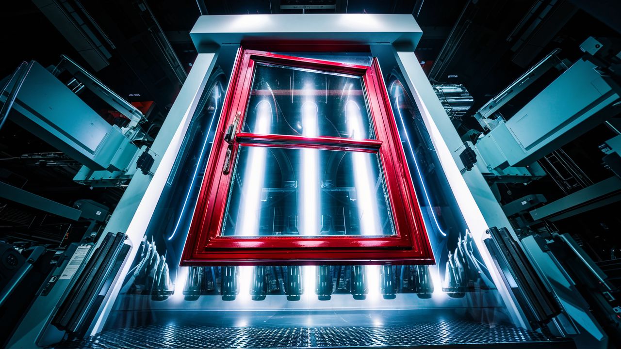 custom red steel framed window