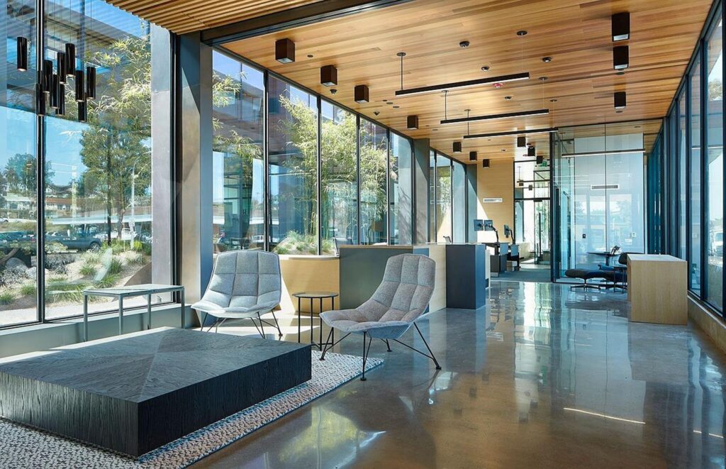 floor to ceiling custom steel windows in California commercial building by Optimum Window
