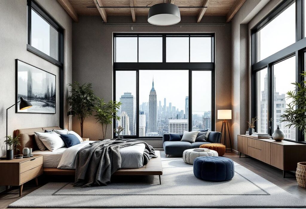 Master bedroom in NYC penthouse with custom steel windows by Optimum Window